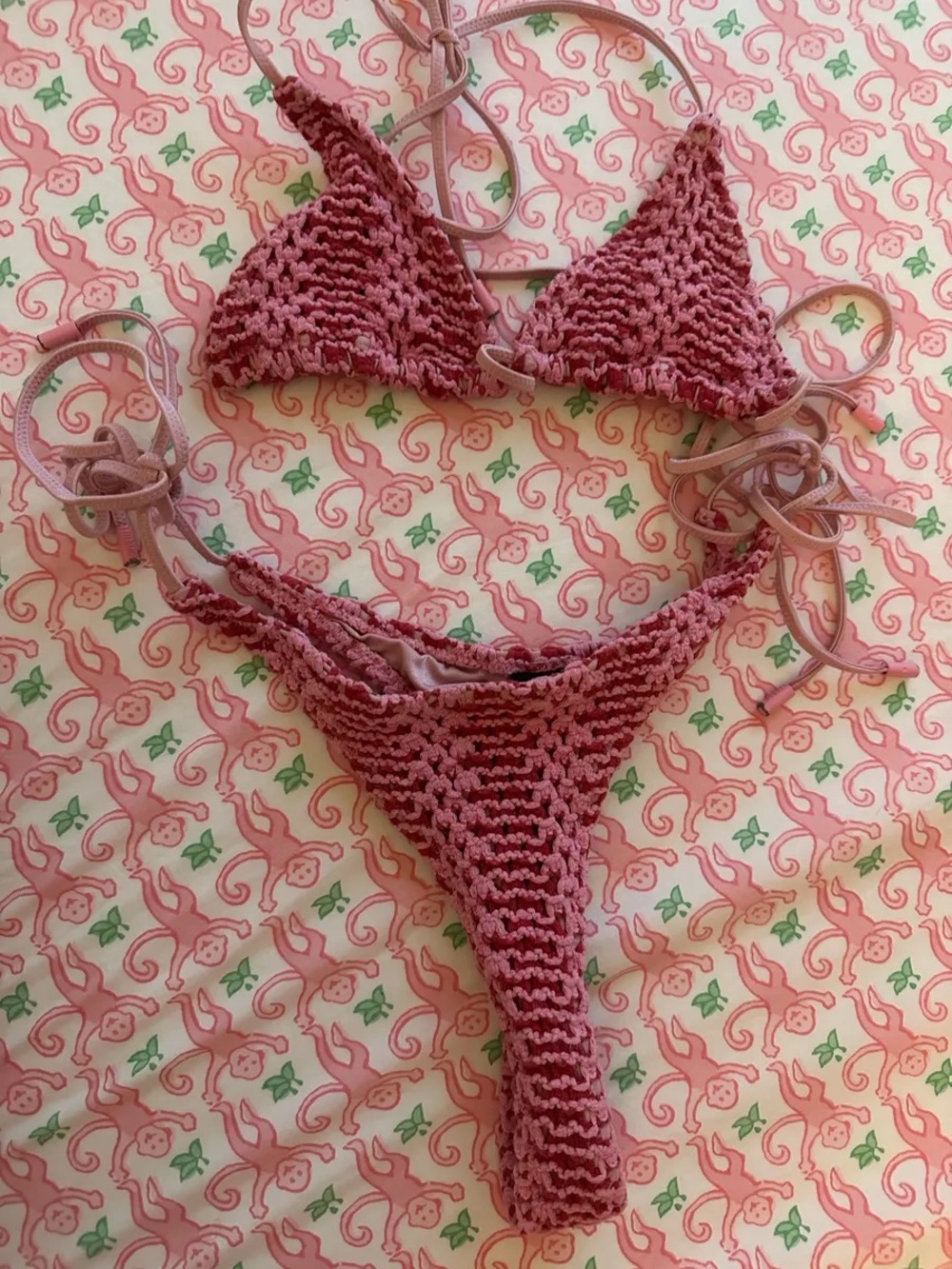 triangl swimwear Pink Crochet Triangle Bikini Set